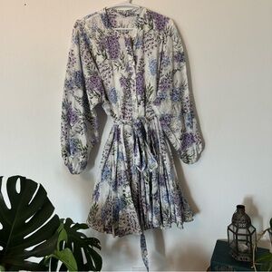 Floral Lavender & Blue Balloon Sleeve Waist-Tie Dress SOLD